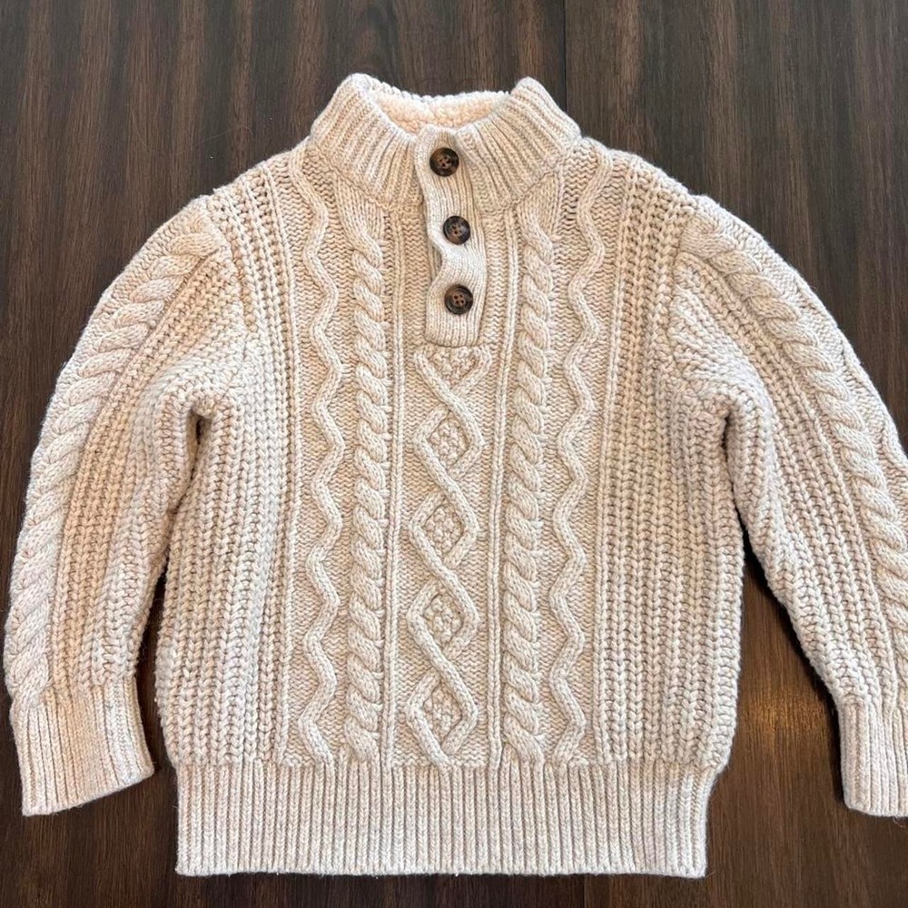 Gap Boys Cream Cable Knit Sherpa Lined Henley Sweater Size 4T